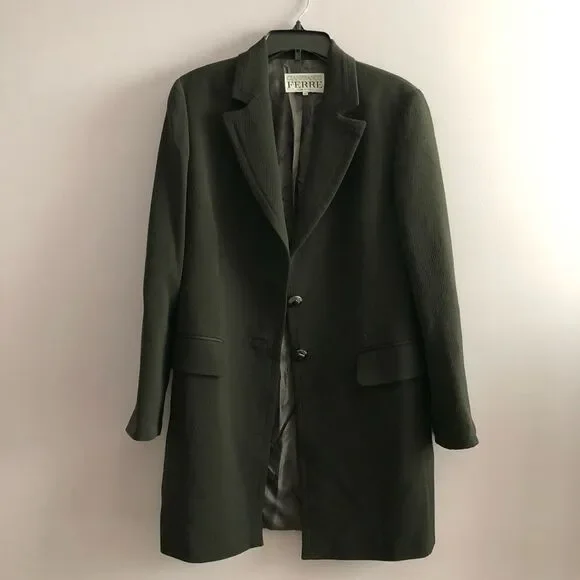 VTG 80s 90s Gianfranco Ferre Mid Length Wool Coat Green Sz 42 US S/M Office Prep